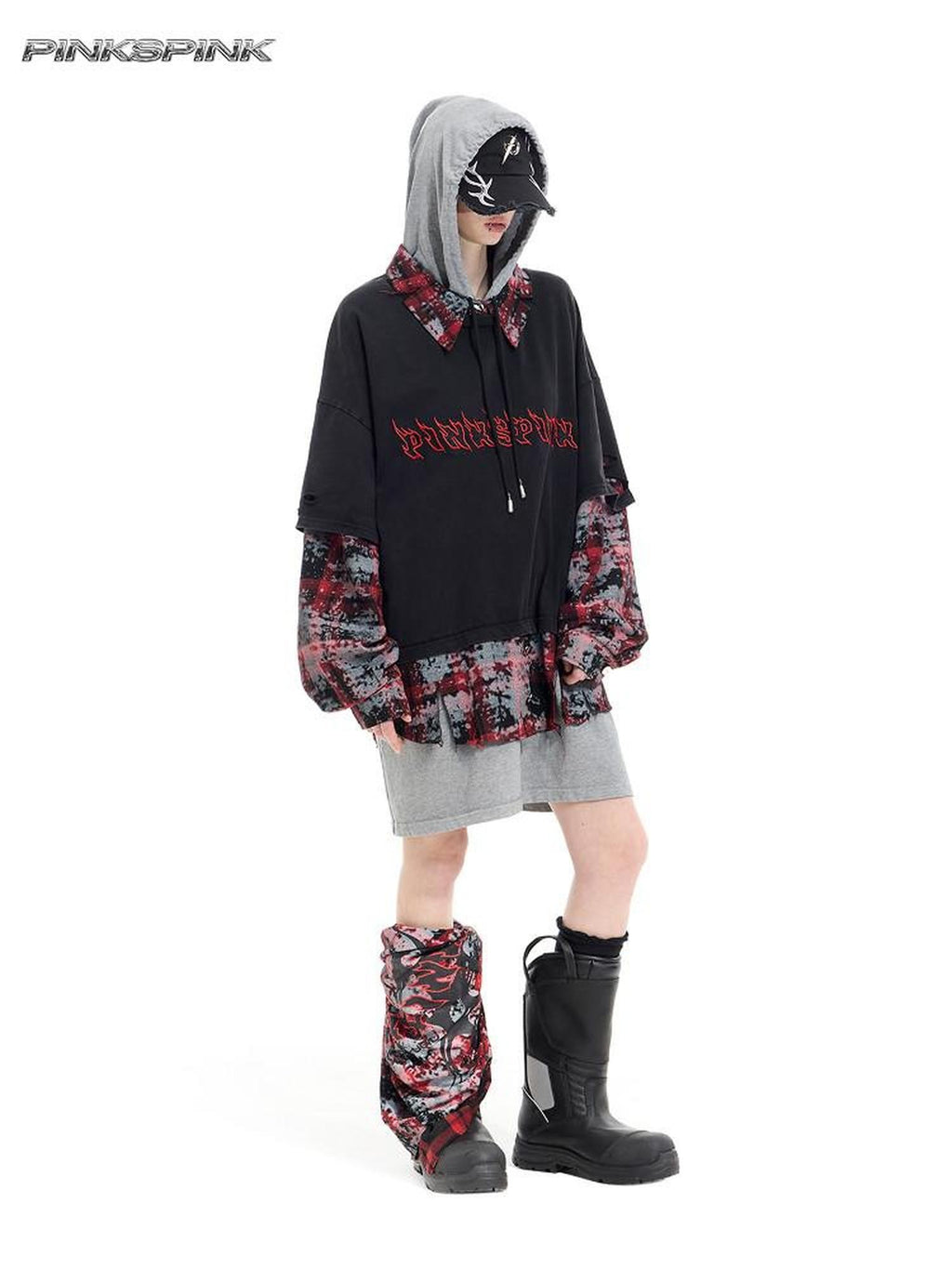 PINKSPINK Black Remake Layered 3 Piece Hooded Letter Women's Long Sleeve T-shirts