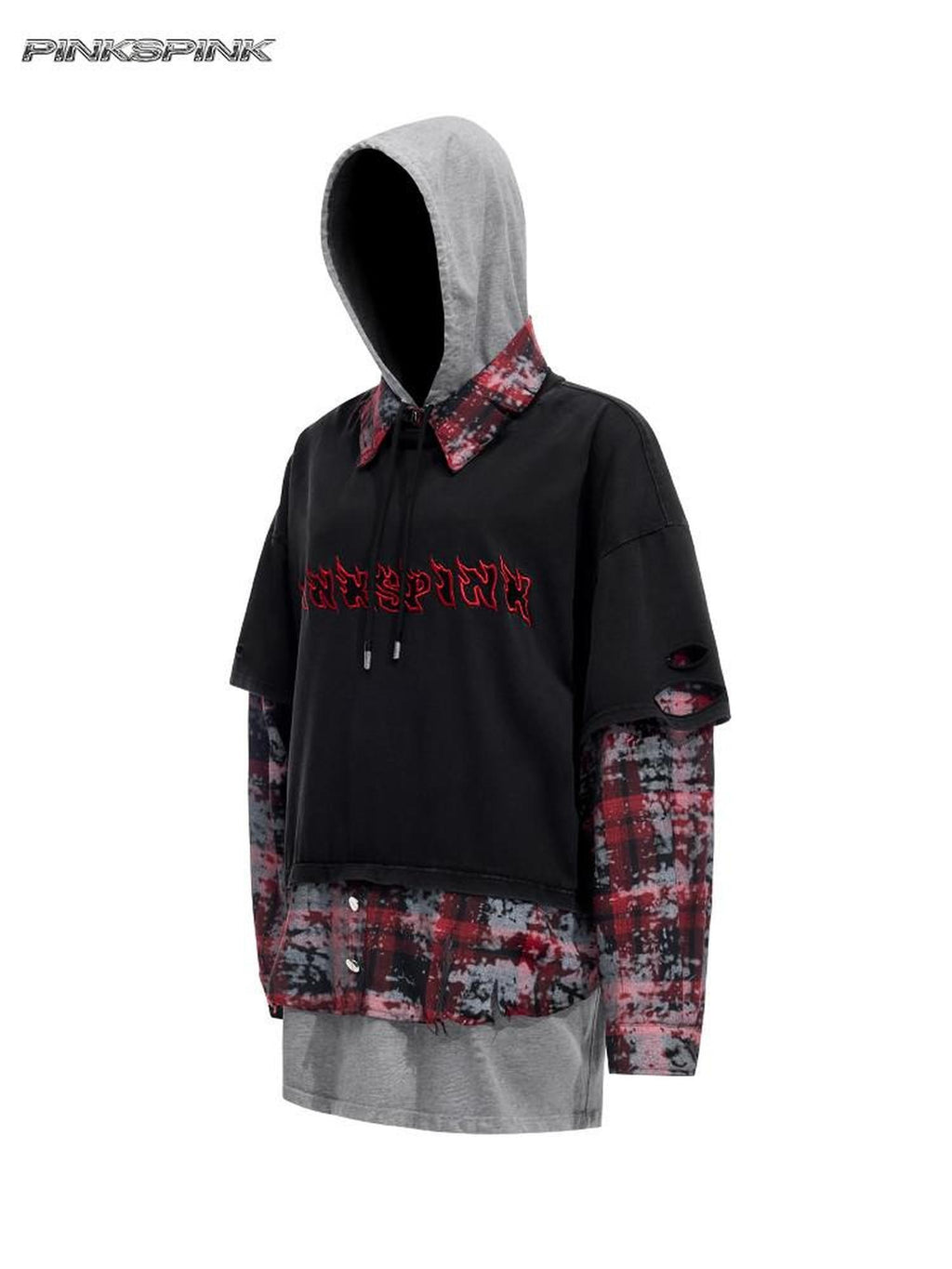 PINKSPINK Black Remake Layered 3 Piece Hooded Letter Women's Long Sleeve T-shirts