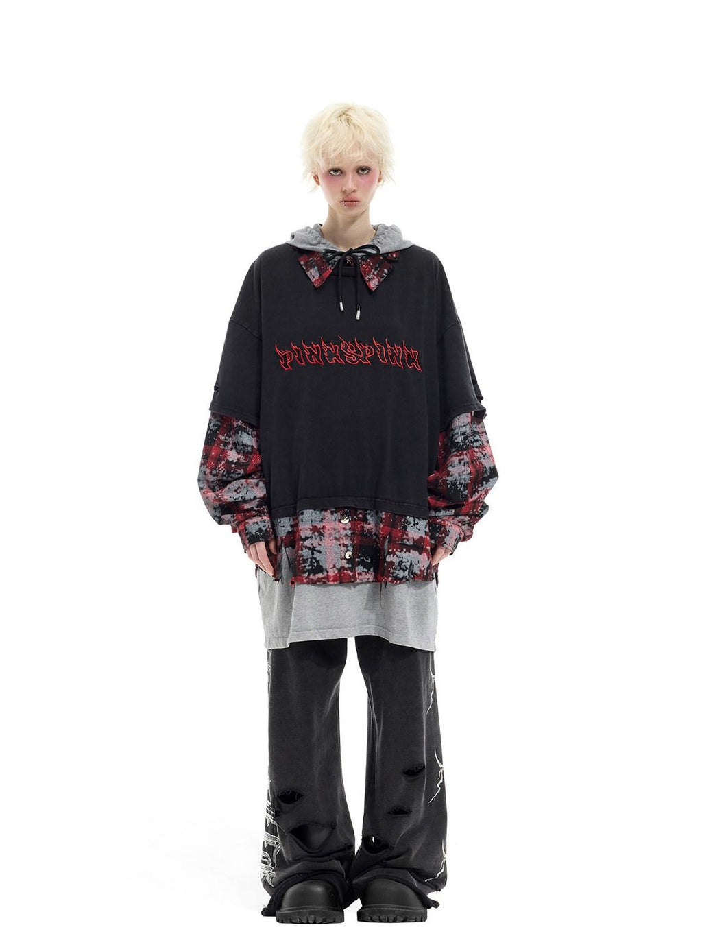 PINKSPINK Black Remake Layered 3 Piece Hooded Letter Women's Long Sleeve T-shirts