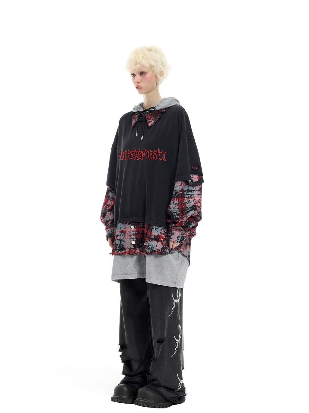 PINKSPINK Black Remake Layered 3 Piece Hooded Letter Women's Long Sleeve T-shirts