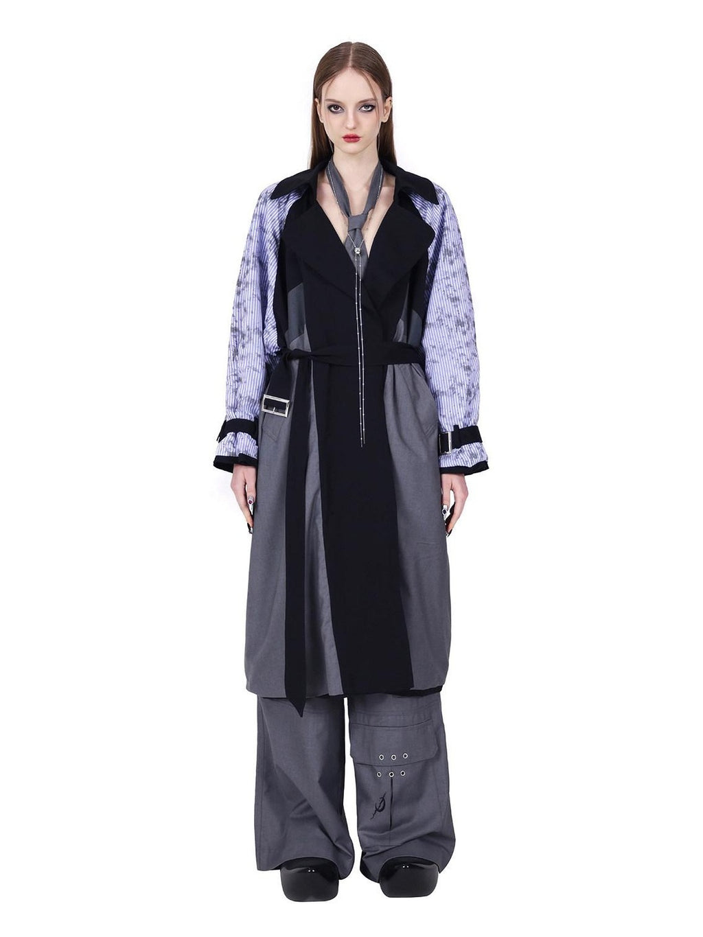 PINKSPINK Black Reversible 3d Patchwork Embroidered Tie Waist Women's Cotton Trench Coats