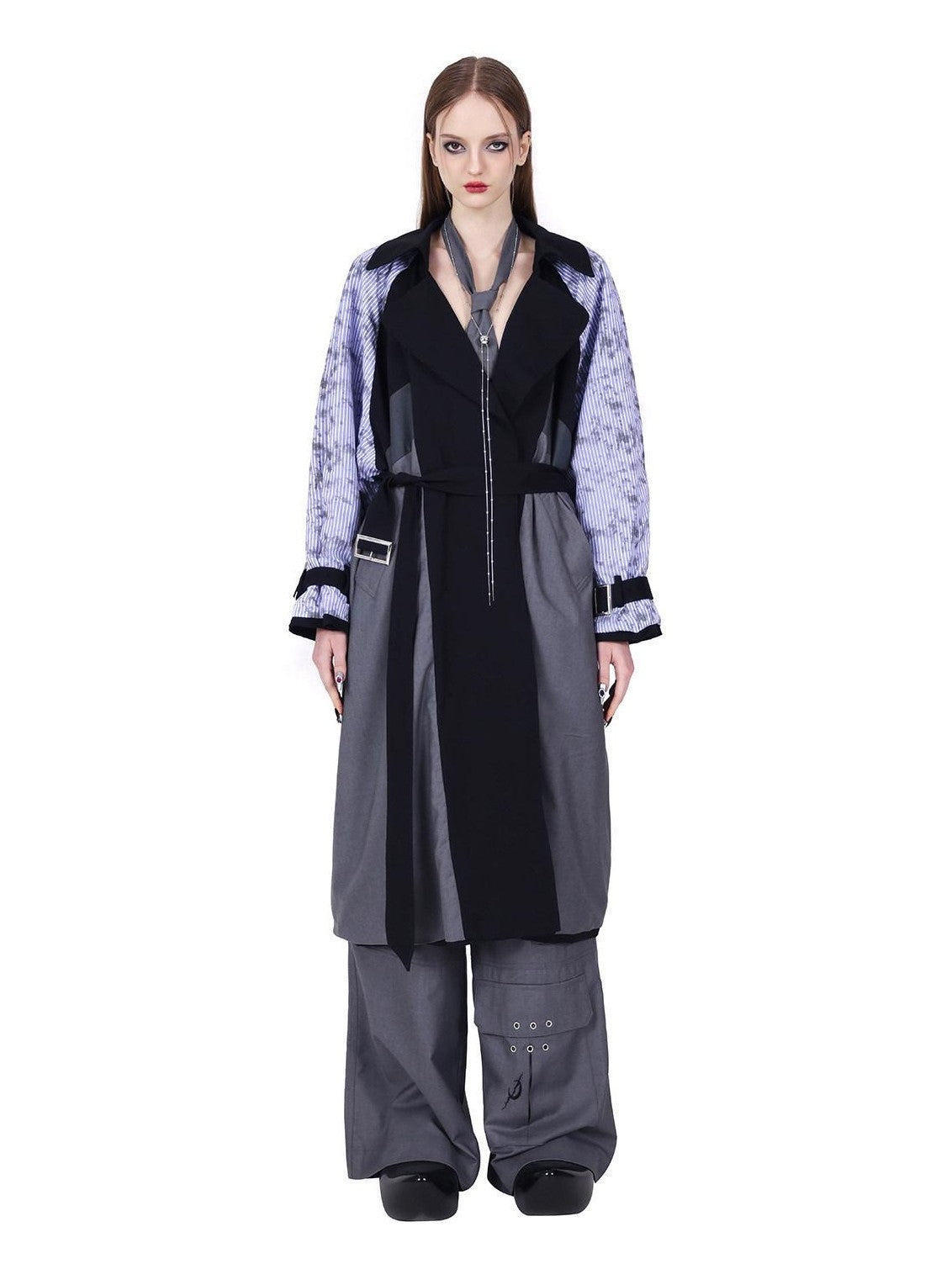 PINKSPINK Black Reversible 3d Patchwork Embroidered Tie Waist Women's Cotton Trench Coats