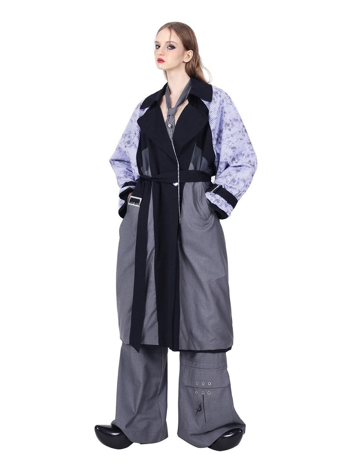 PINKSPINK Black Reversible 3d Patchwork Embroidered Tie Waist Women's Cotton Trench Coats