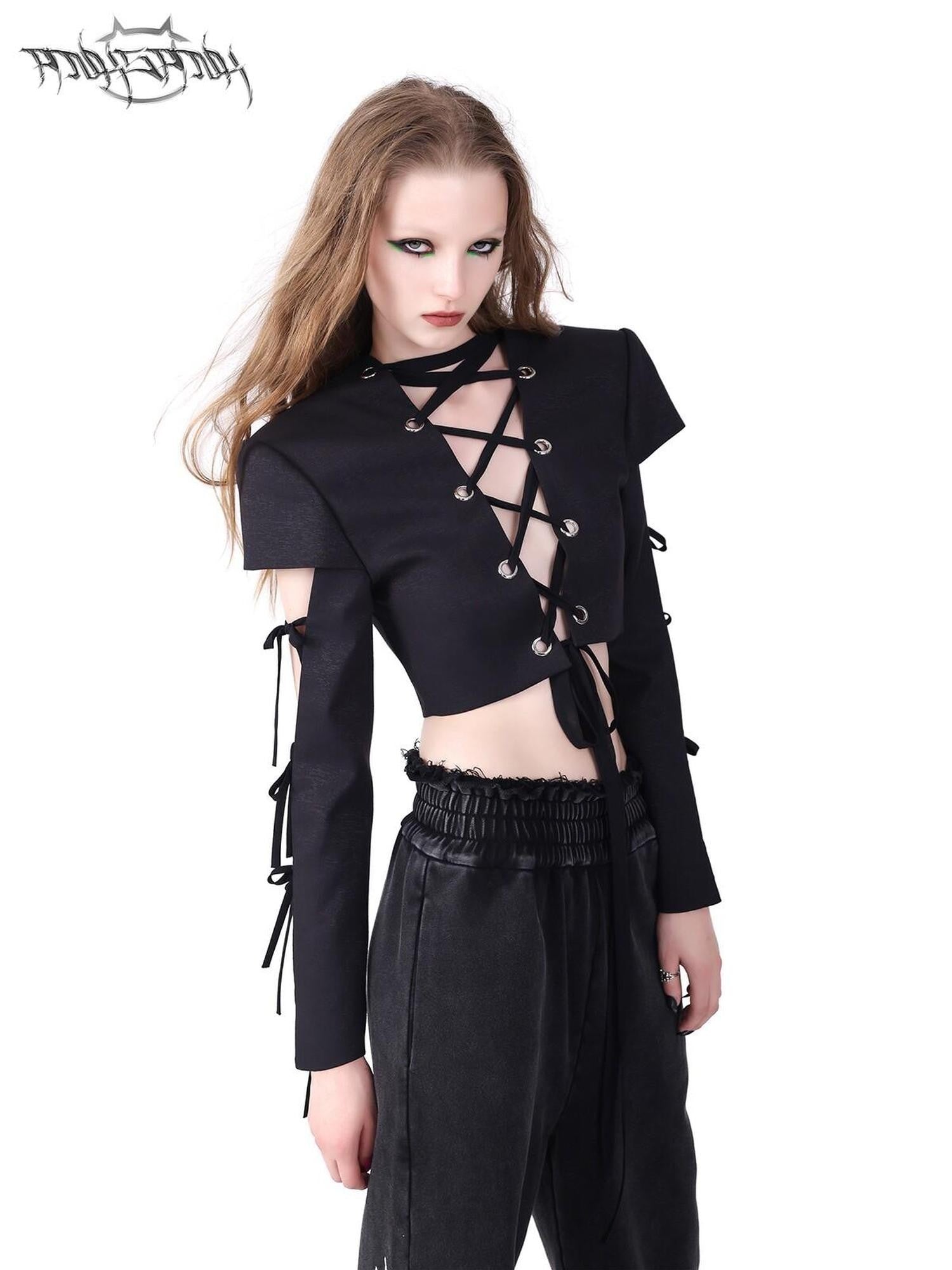PINKSPINK Black Reversible Cutout Embroidered Tie Padded Shoulder Women's Blazers