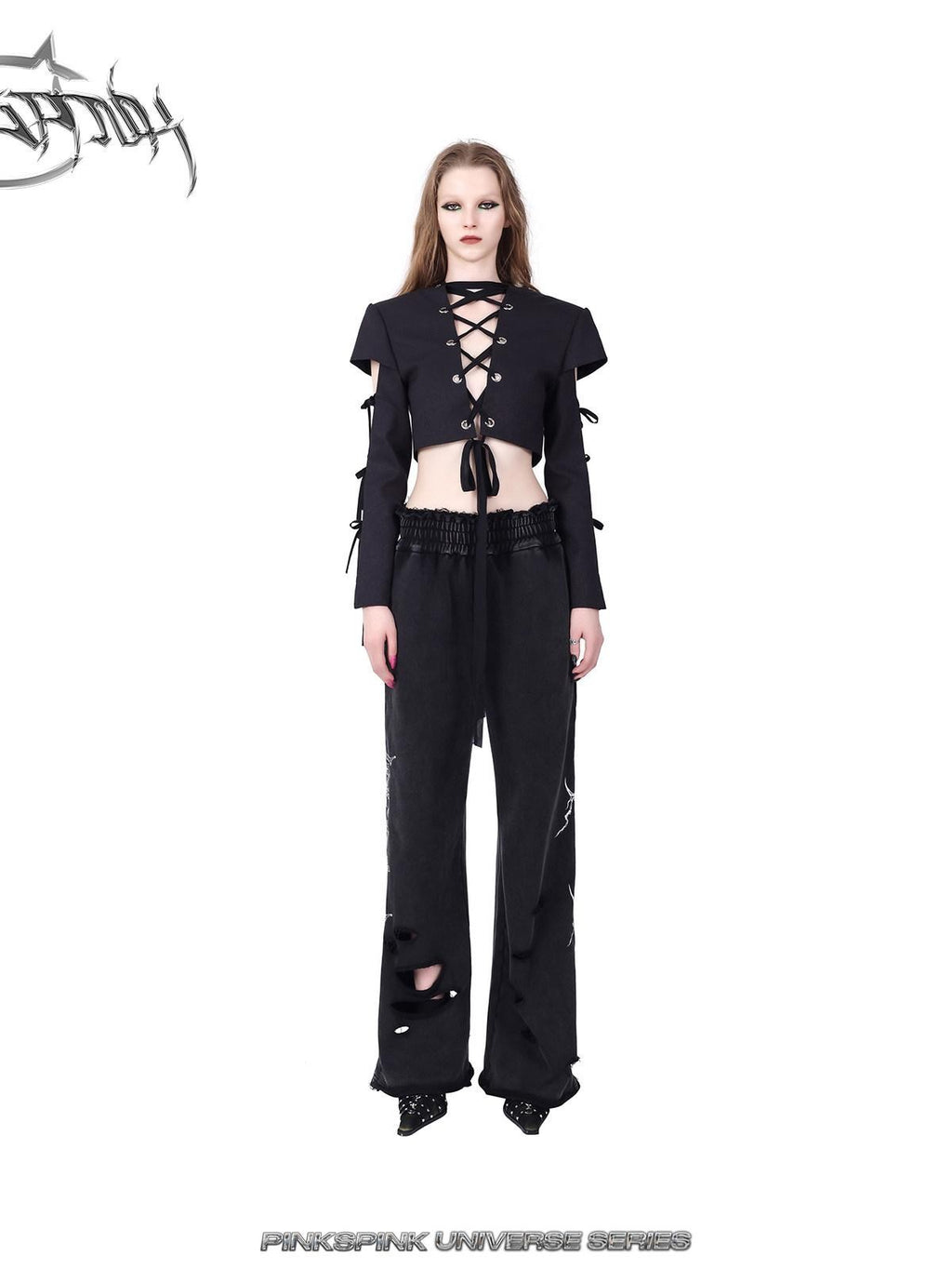 PINKSPINK Black Reversible Cutout Embroidered Tie Padded Shoulder Women's Blazers