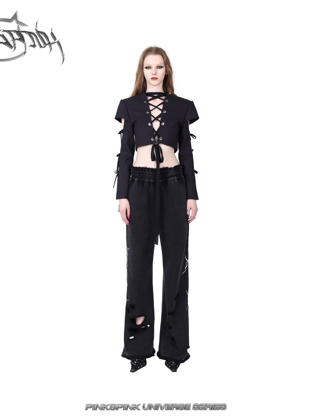 PINKSPINK Black Reversible Cutout Embroidered Tie Padded Shoulder Women's Blazers