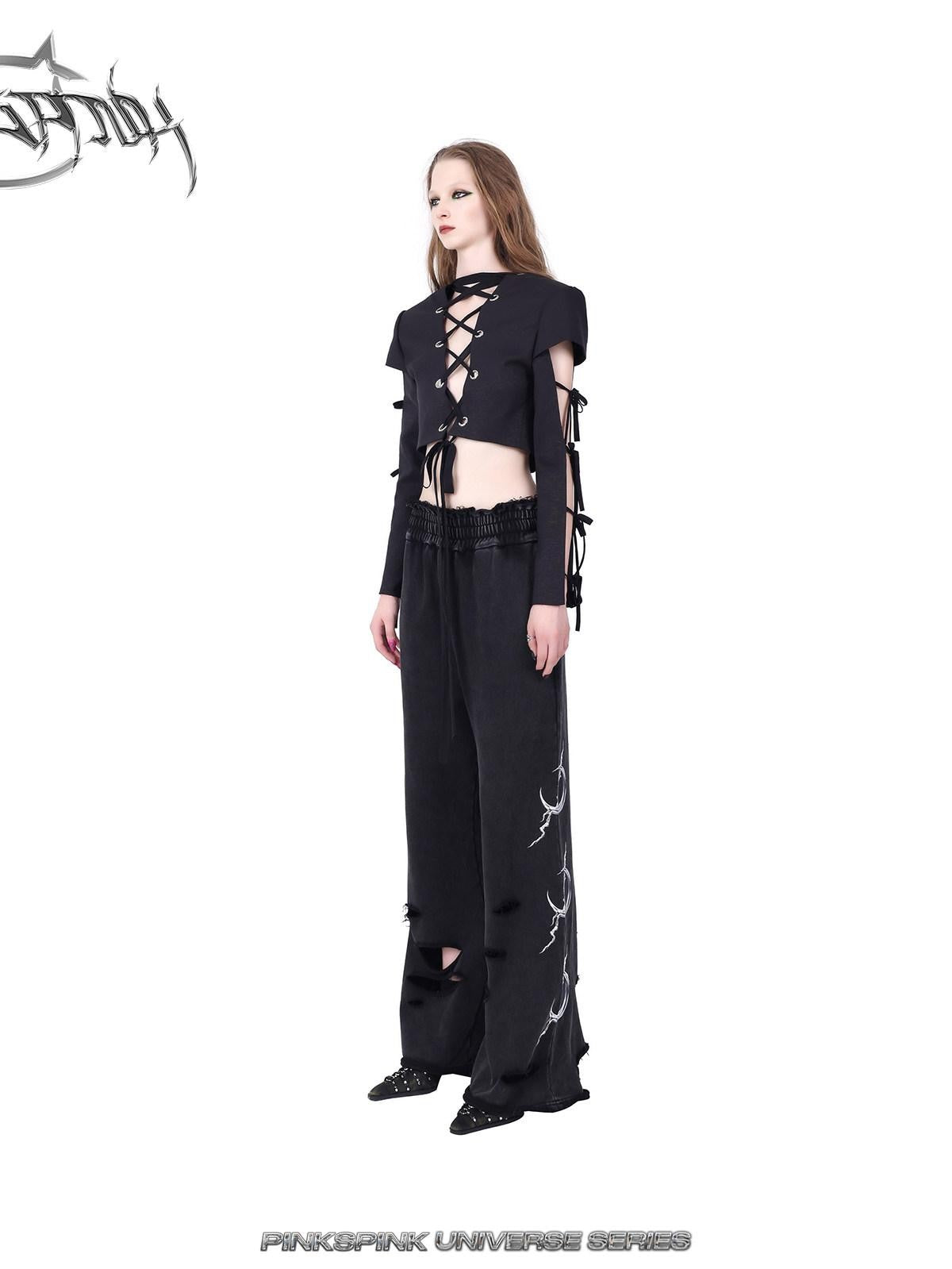 PINKSPINK Black Reversible Cutout Embroidered Tie Padded Shoulder Women's Blazers