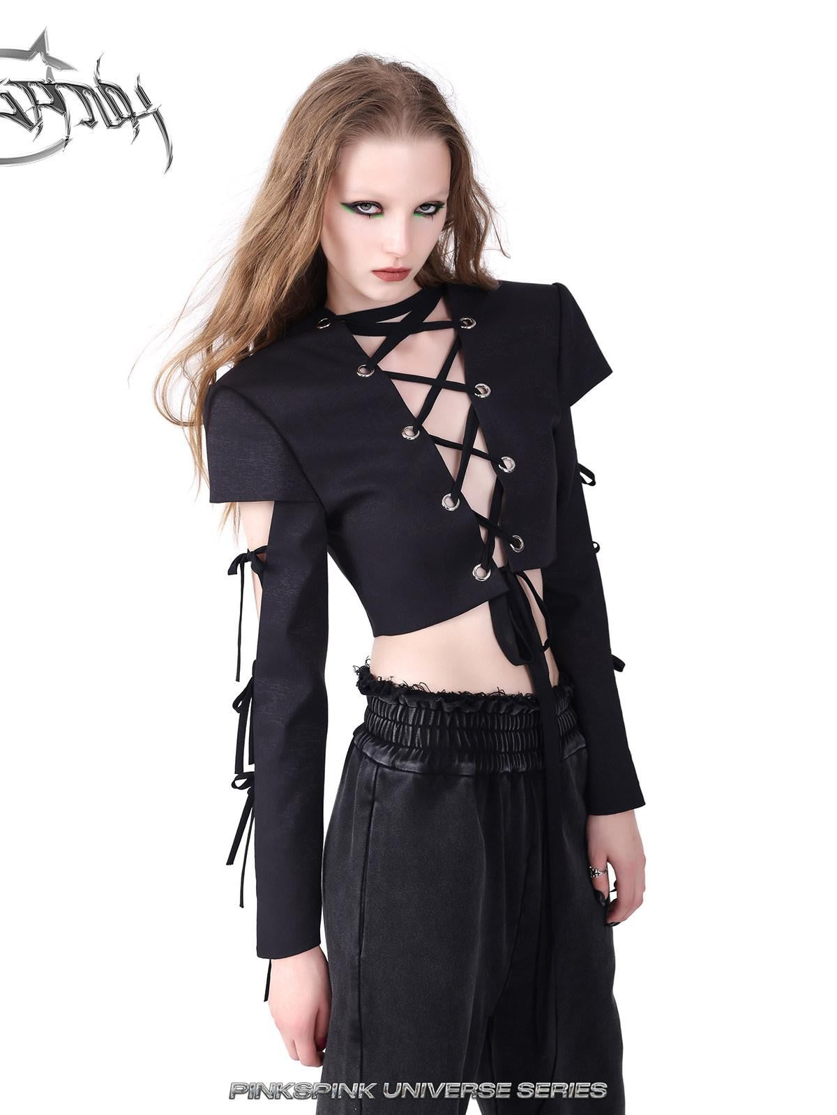 PINKSPINK Black Reversible Cutout Embroidered Tie Padded Shoulder Women's Blazers
