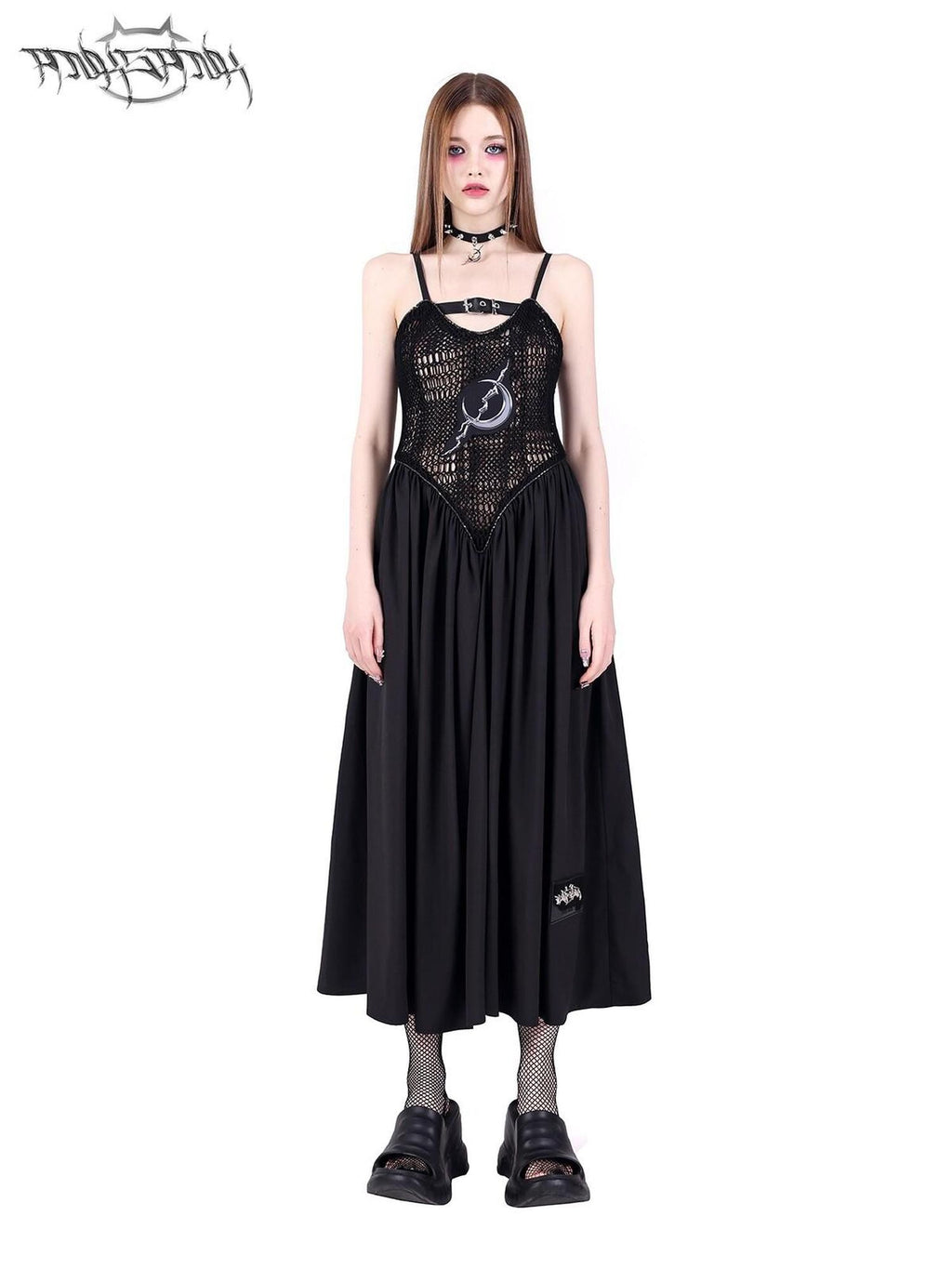 PINKSPINK Black Reversible Mesh Cutout Punk Y2k Women's Cotton Slip Maxi Dresses