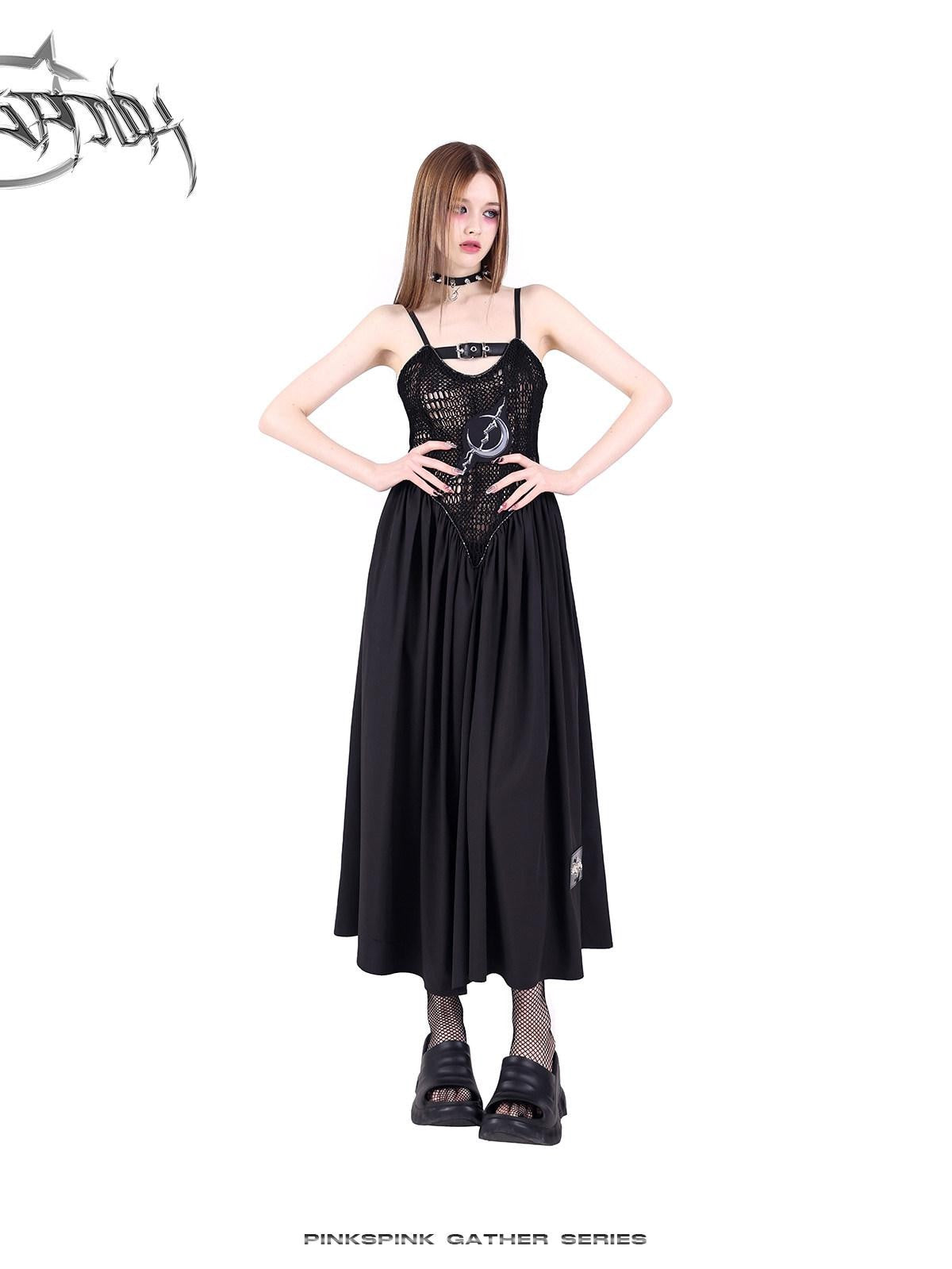 PINKSPINK Black Reversible Mesh Cutout Punk Y2k Women's Cotton Slip Maxi Dresses