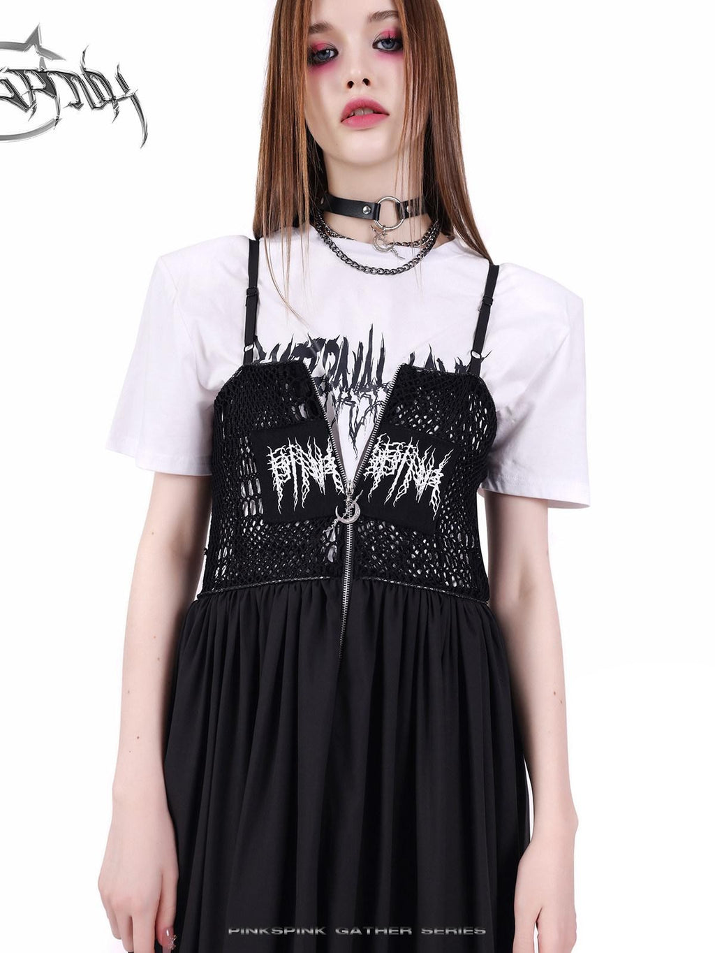 PINKSPINK Black Reversible Mesh Cutout Punk Y2k Women's Cotton Slip Maxi Dresses