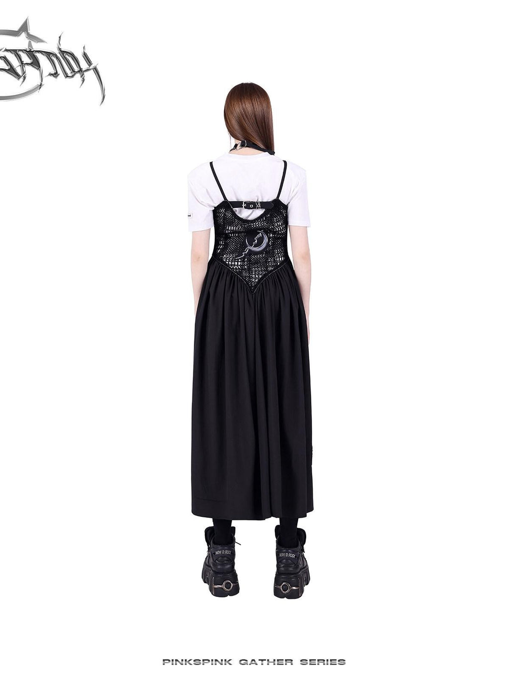PINKSPINK Black Reversible Mesh Cutout Punk Y2k Women's Cotton Slip Maxi Dresses