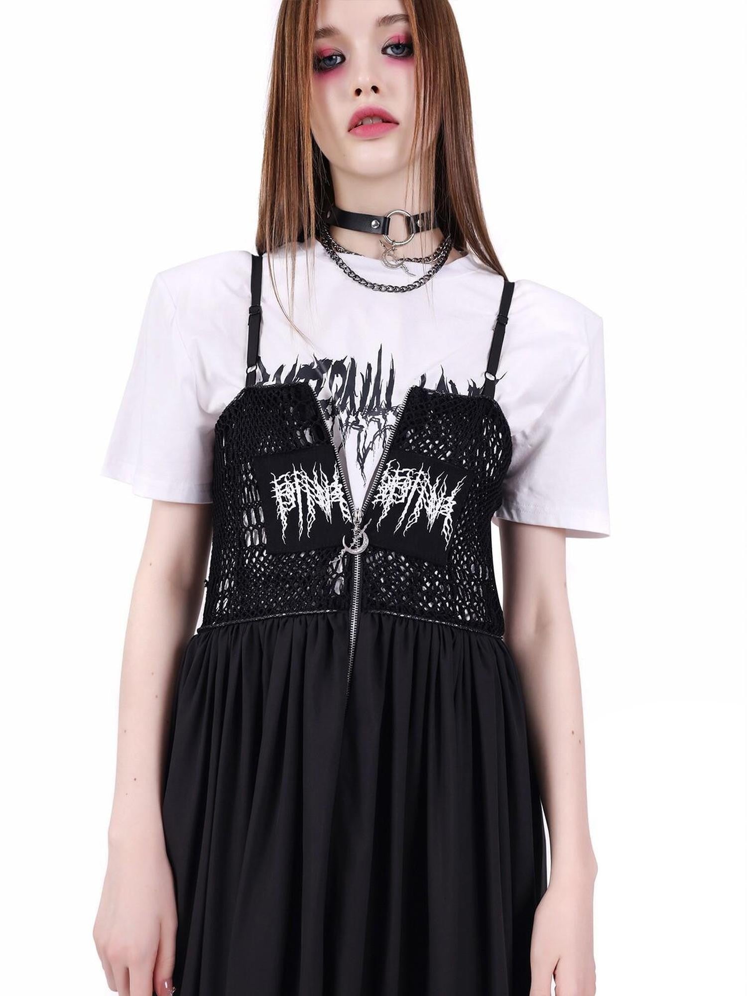 PINKSPINK Black Reversible Mesh Cutout Punk Y2k Women's Cotton Slip Maxi Dresses