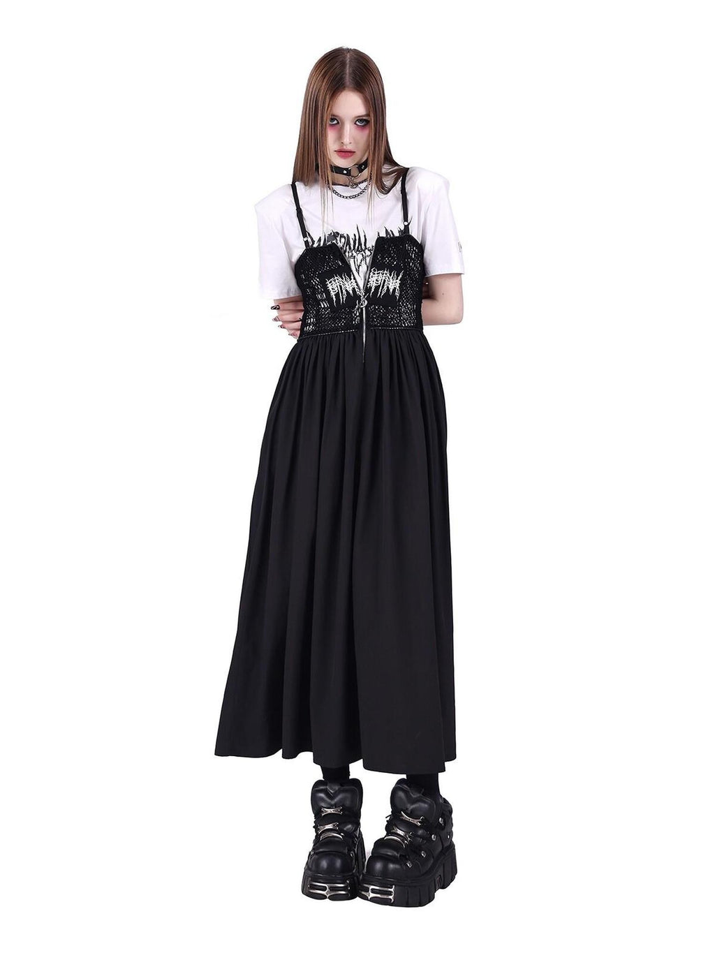 PINKSPINK Black Reversible Mesh Cutout Punk Y2k Women's Cotton Slip Maxi Dresses