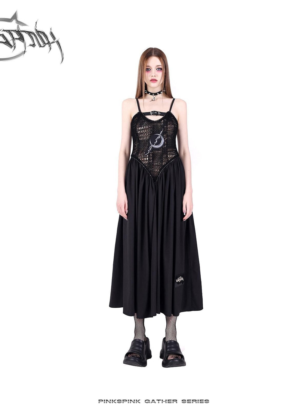 PINKSPINK Black Reversible Mesh Cutout Punk Y2k Women's Cotton Slip Maxi Dresses