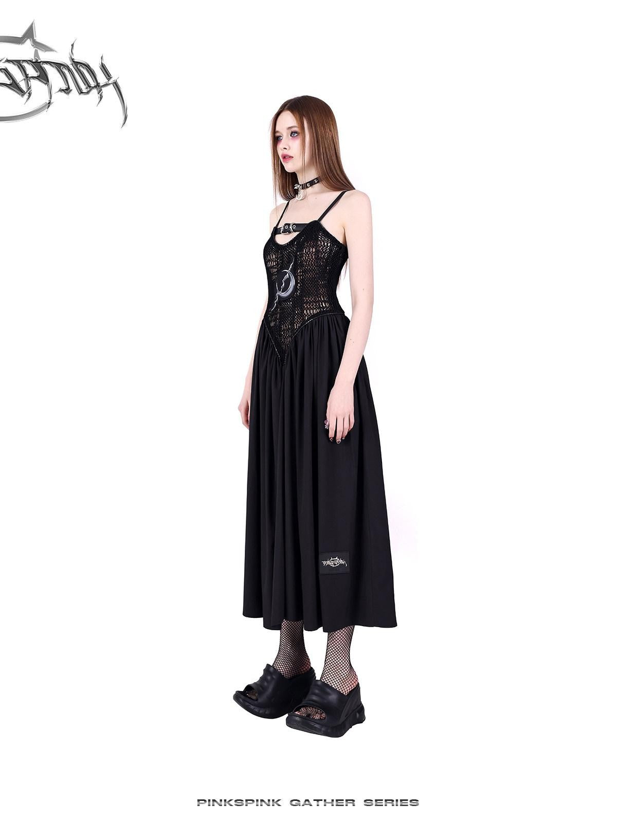 PINKSPINK Black Reversible Mesh Cutout Punk Y2k Women's Cotton Slip Maxi Dresses