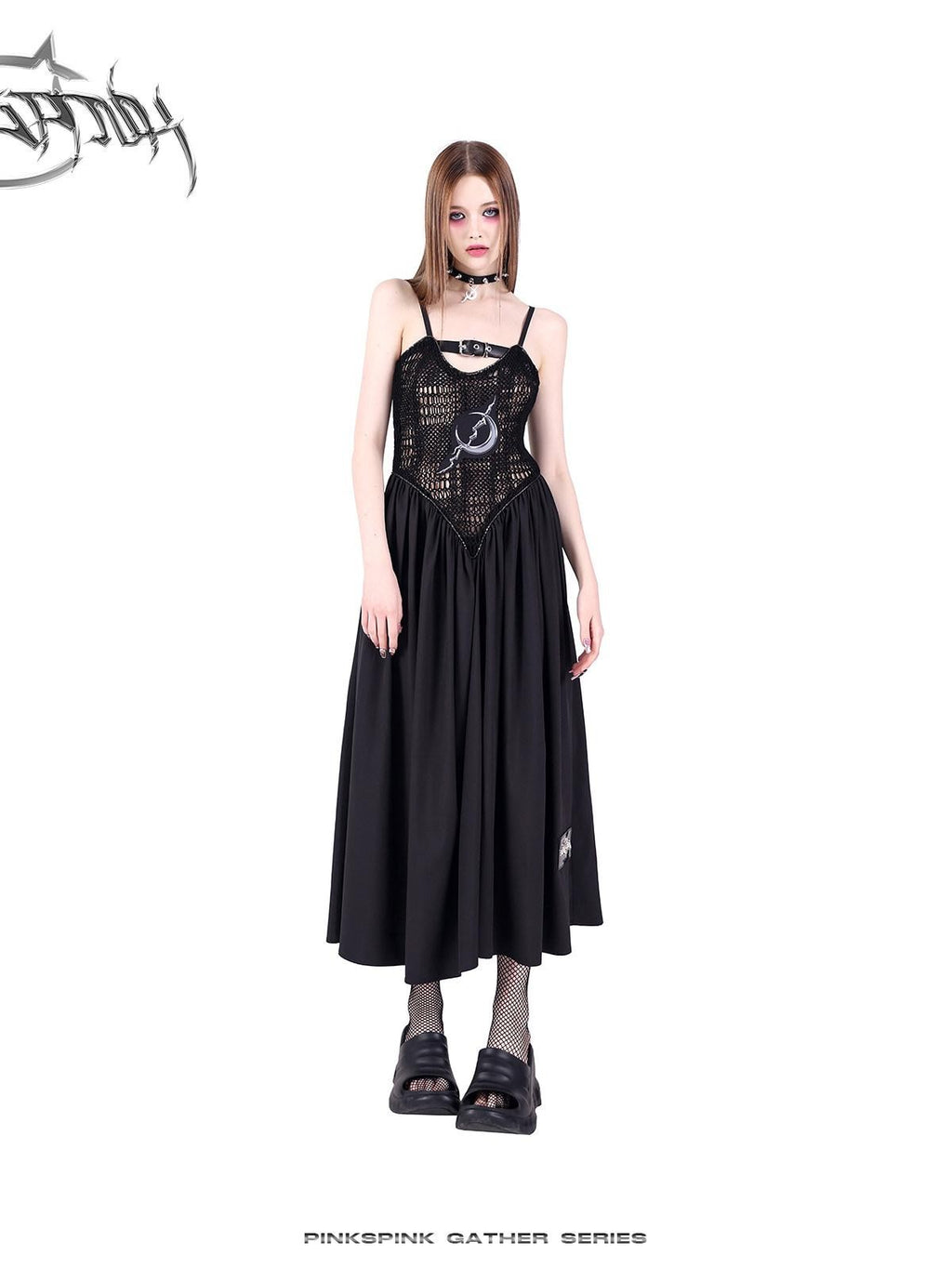 PINKSPINK Black Reversible Mesh Cutout Punk Y2k Women's Cotton Slip Maxi Dresses