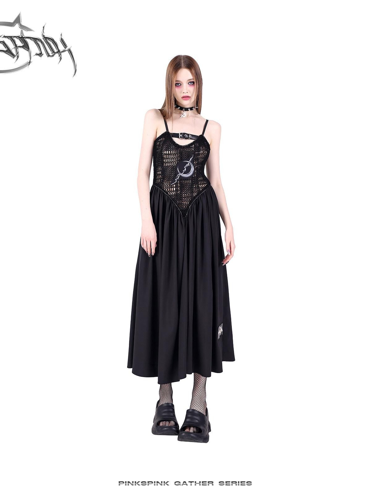 PINKSPINK Black Reversible Mesh Cutout Punk Y2k Women's Cotton Slip Maxi Dresses