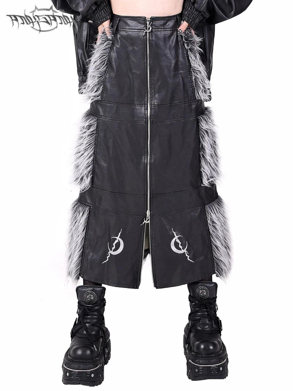 PINKSPINK Black Reversible Spliced Double Zipper Women's Faux Leather A-line Skirts