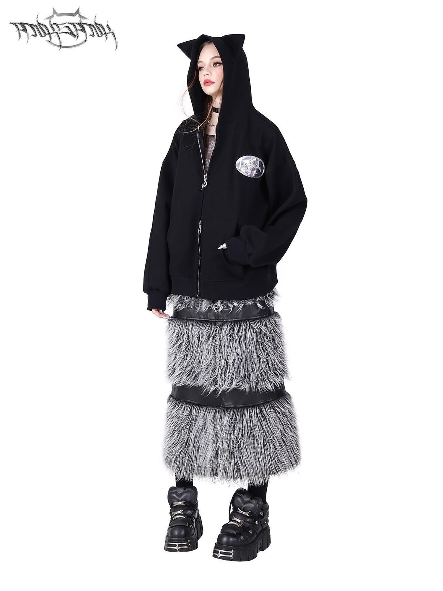PINKSPINK Black Reversible Spliced Double Zipper Women's Faux Leather A-line Skirts
