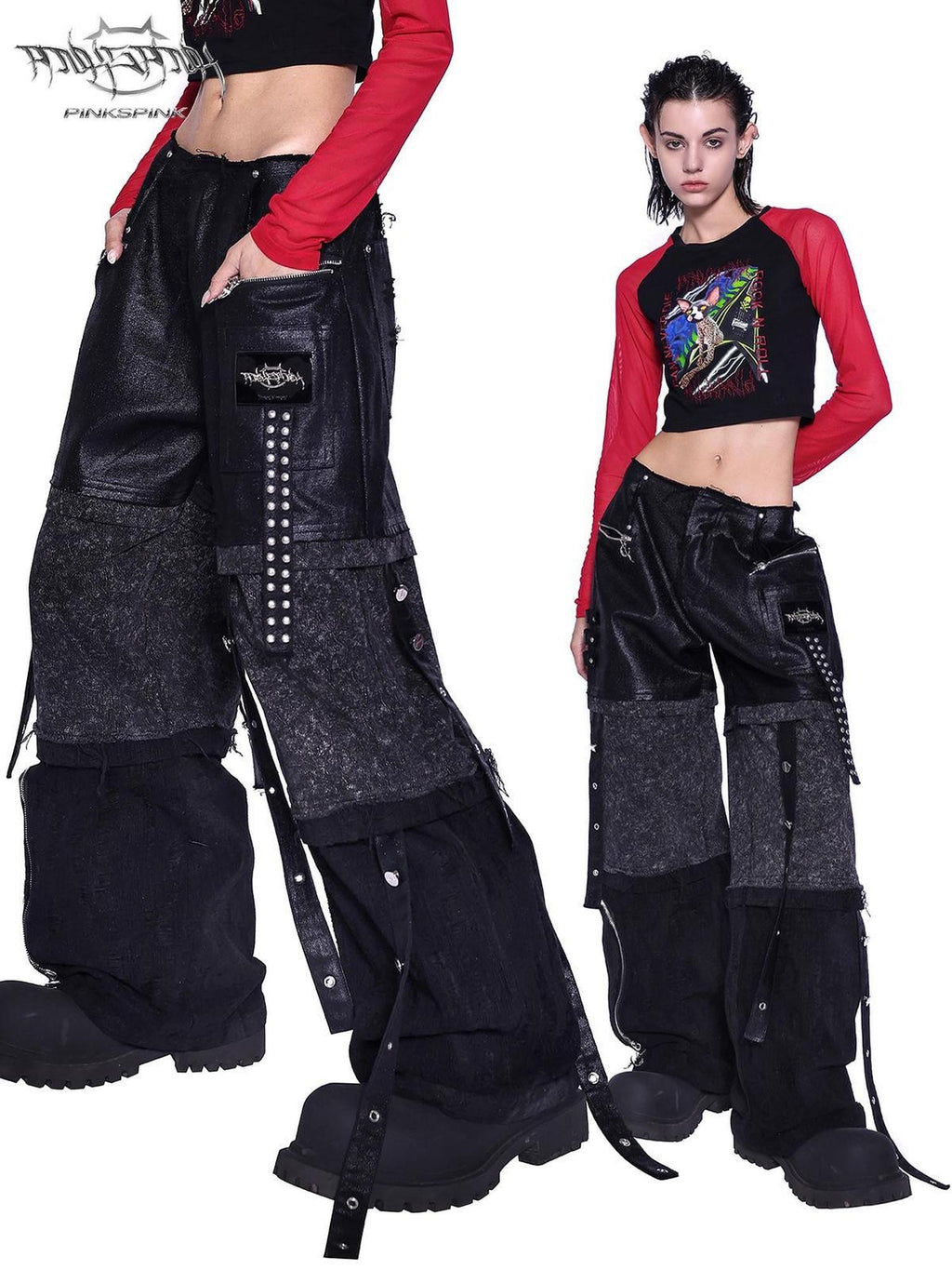 PINKSPINK Black Reworked Distressed Low Rise Studded Women's Denim Wide-leg Jeans