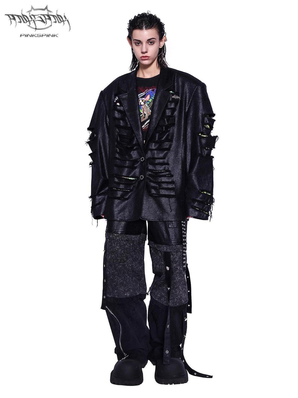 PINKSPINK Black Reworked Distressed Low Rise Studded Women's Denim Wide-leg Jeans