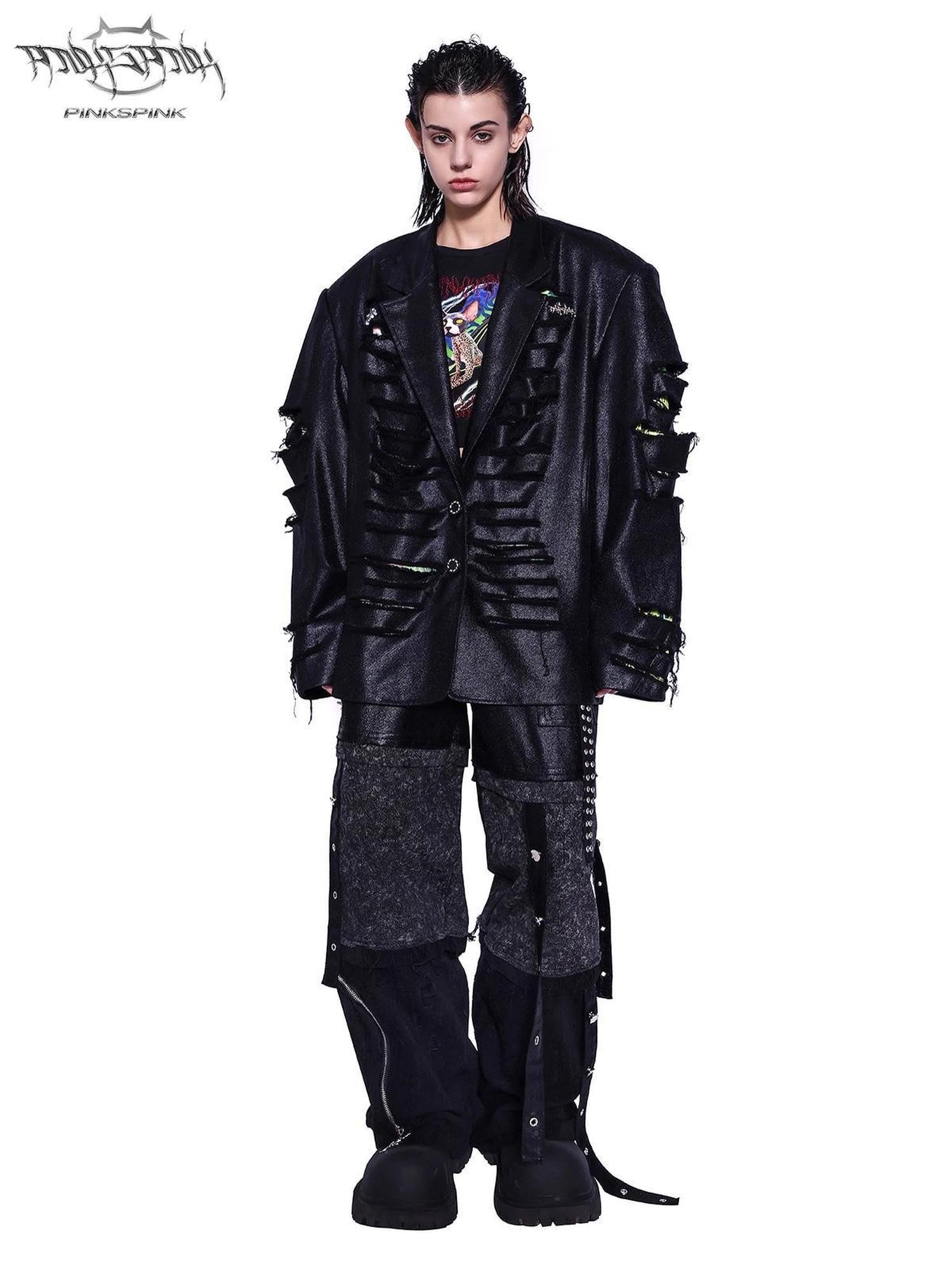 PINKSPINK Black Reworked Distressed Low Rise Studded Women's Denim Wide-leg Jeans