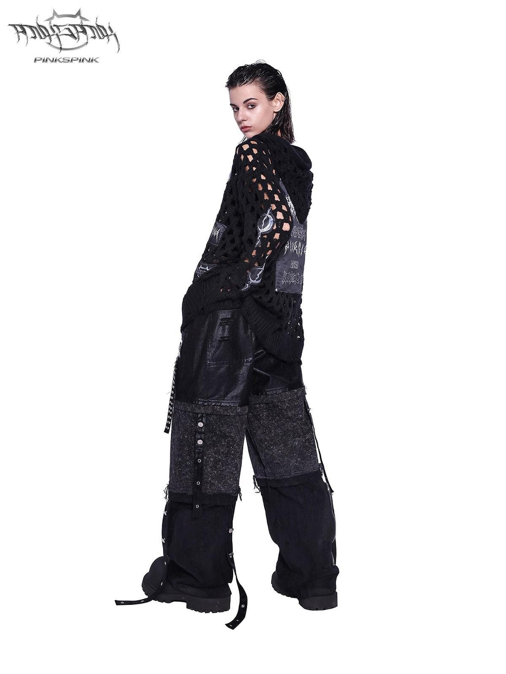 PINKSPINK Black Reworked Distressed Low Rise Studded Women's Denim Wide-leg Jeans