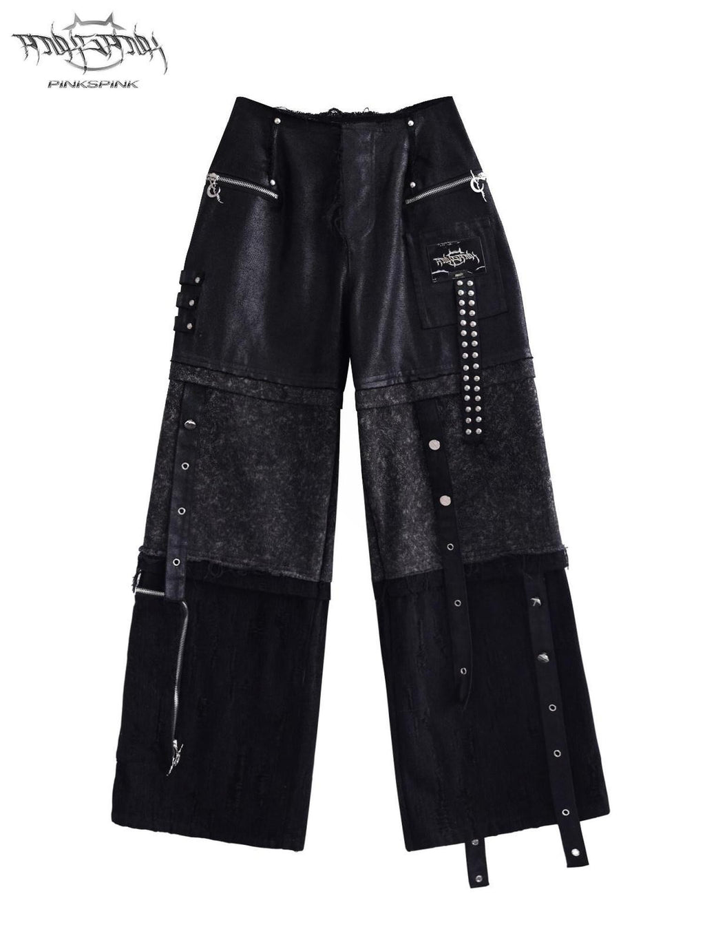 PINKSPINK Black Reworked Distressed Low Rise Studded Women's Denim Wide-leg Jeans