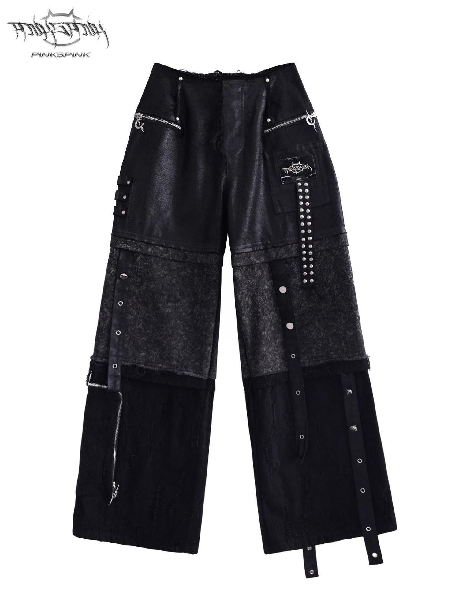PINKSPINK Black Reworked Distressed Low Rise Studded Women's Denim Wide-leg Jeans