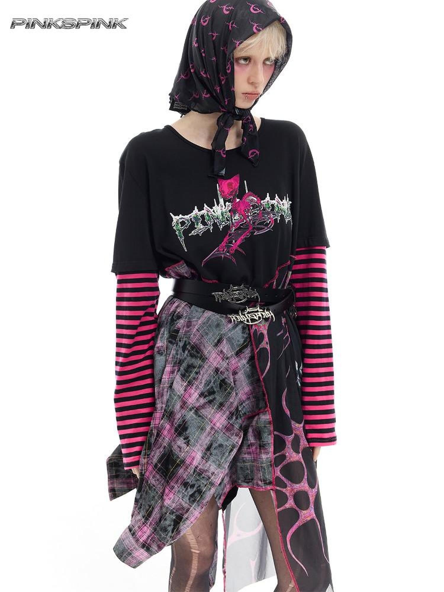PINKSPINK Black Reworked Stripe T Mesh Irregular Women's Cotton Casual Midi Dresses