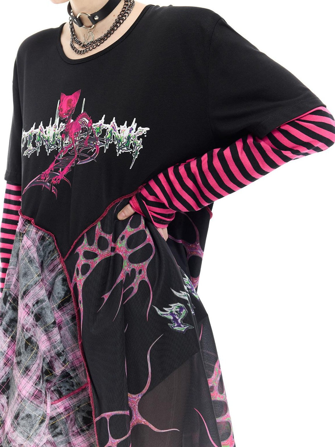 PINKSPINK Black Reworked Stripe T Mesh Irregular Women's Cotton Casual Midi Dresses