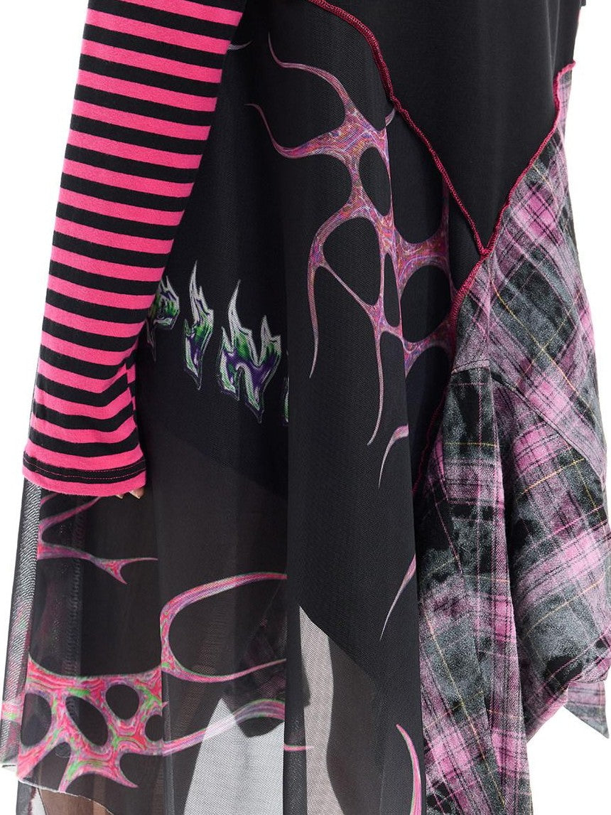 PINKSPINK Black Reworked Stripe T Mesh Irregular Women's Cotton Casual Midi Dresses