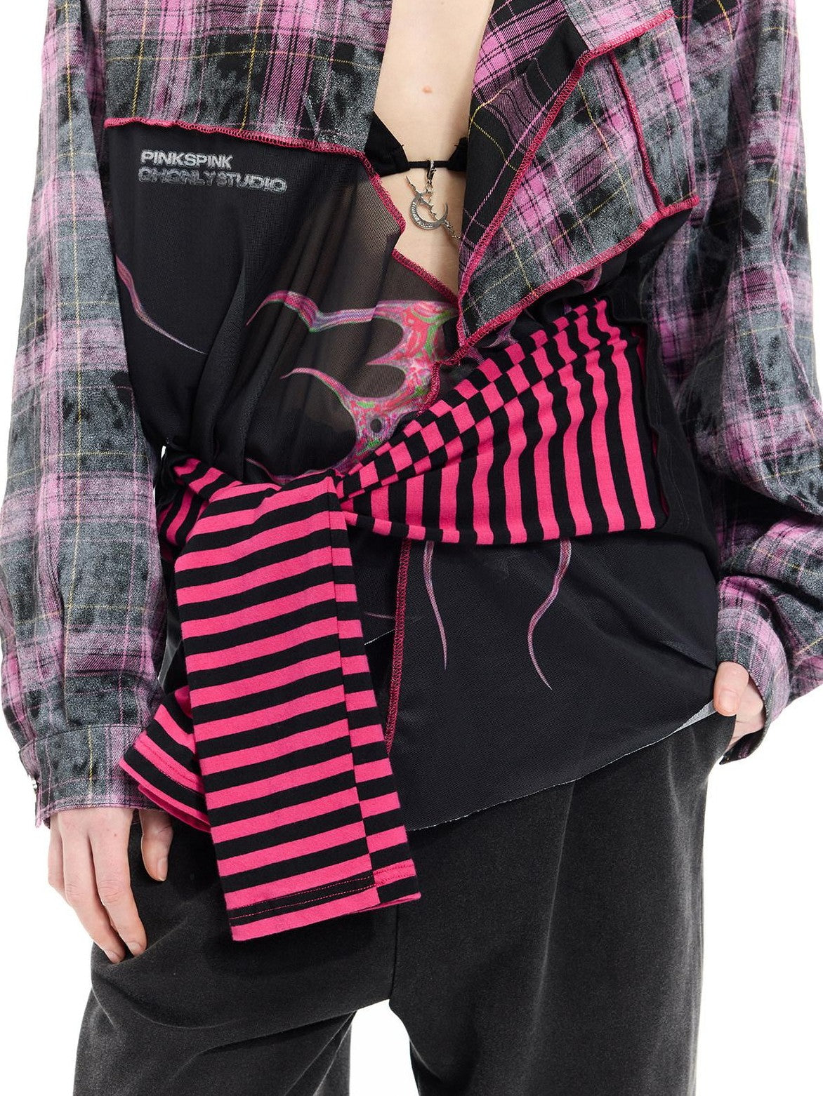 PINKSPINK Black Reworked Stripe T Mesh Irregular Women's Cotton Casual Midi Dresses
