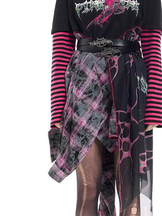 PINKSPINK Black Reworked Stripe T Mesh Irregular Women's Cotton Casual Midi Dresses