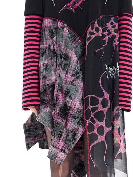 PINKSPINK Black Reworked Stripe T Mesh Irregular Women's Cotton Casual Midi Dresses