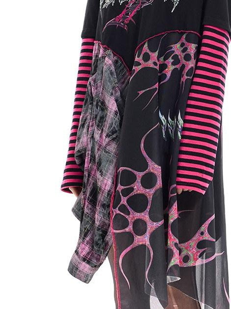 PINKSPINK Black Reworked Stripe T Mesh Irregular Women's Cotton Casual Midi Dresses