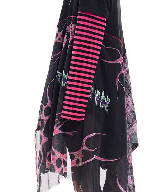 PINKSPINK Black Reworked Stripe T Mesh Irregular Women's Cotton Casual Midi Dresses