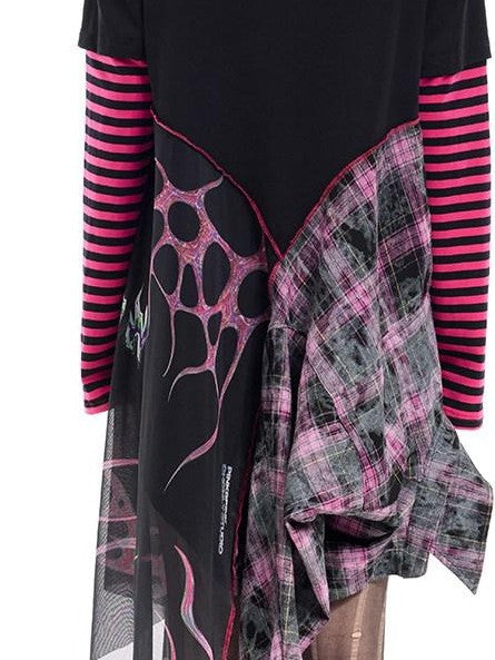 PINKSPINK Black Reworked Stripe T Mesh Irregular Women's Cotton Casual Midi Dresses