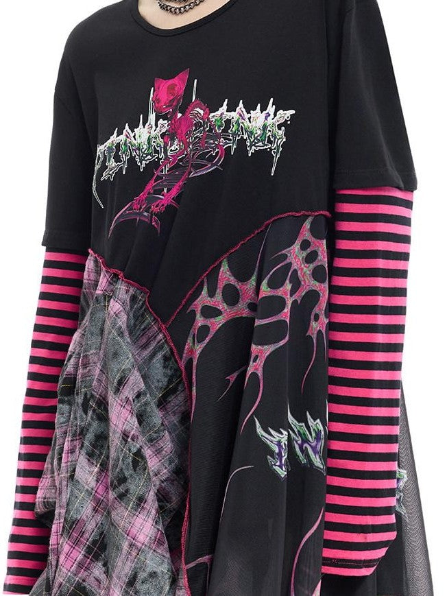PINKSPINK Black Reworked Stripe T Mesh Irregular Women's Cotton Casual Midi Dresses