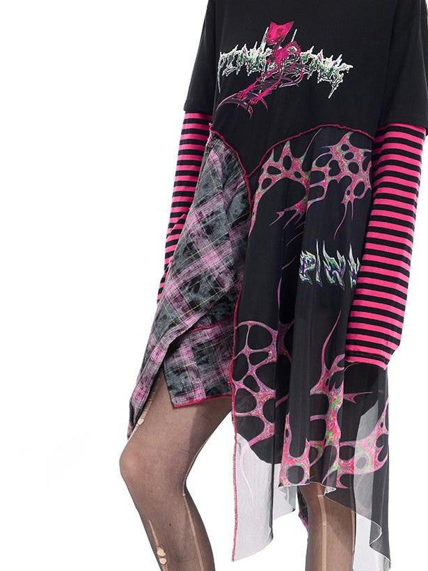 PINKSPINK Black Reworked Stripe T Mesh Irregular Women's Cotton Casual Midi Dresses