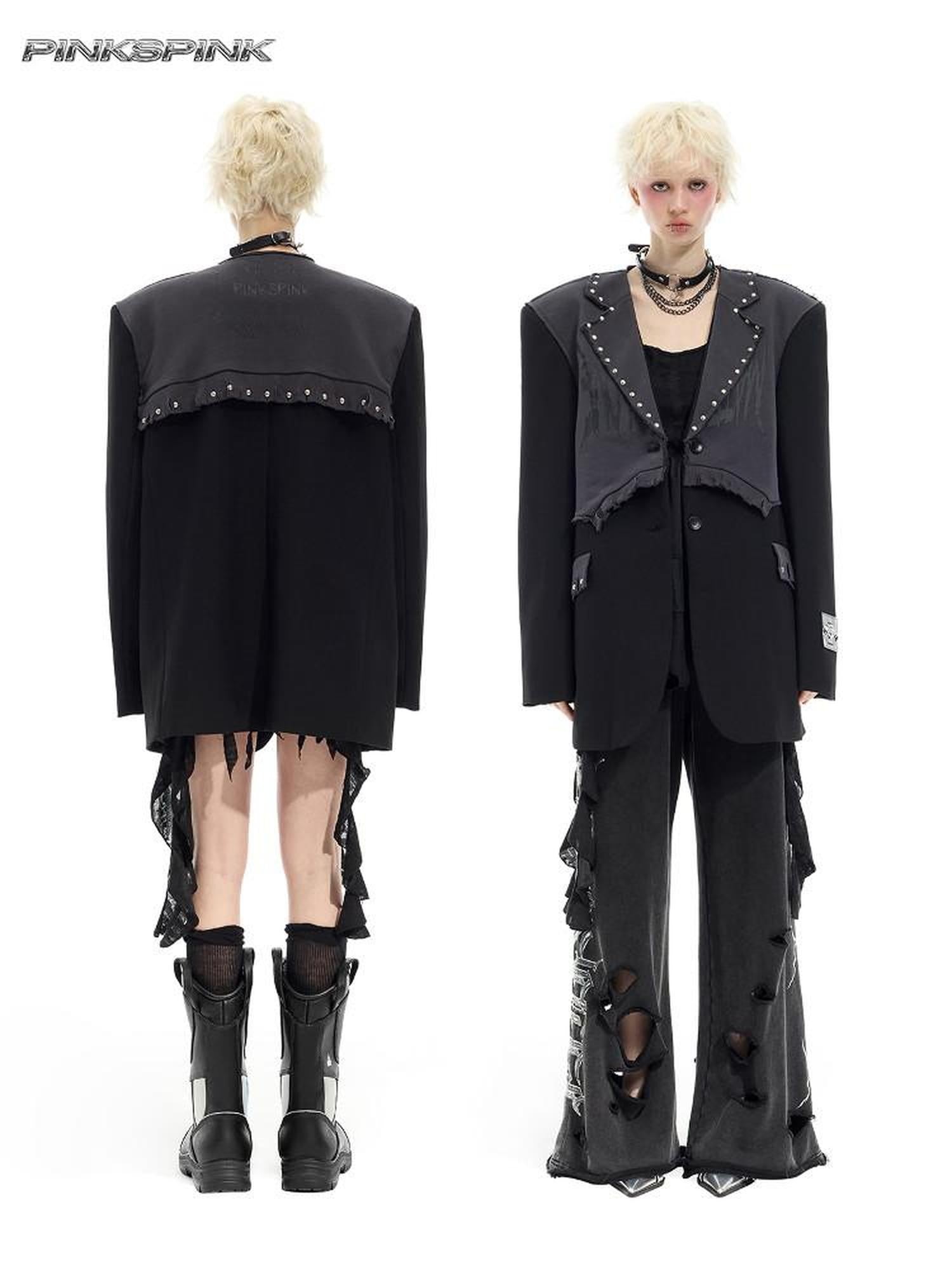 PINKSPINK Black Rivet Studded Distressed Remake Oversized Rock Women's Blazers