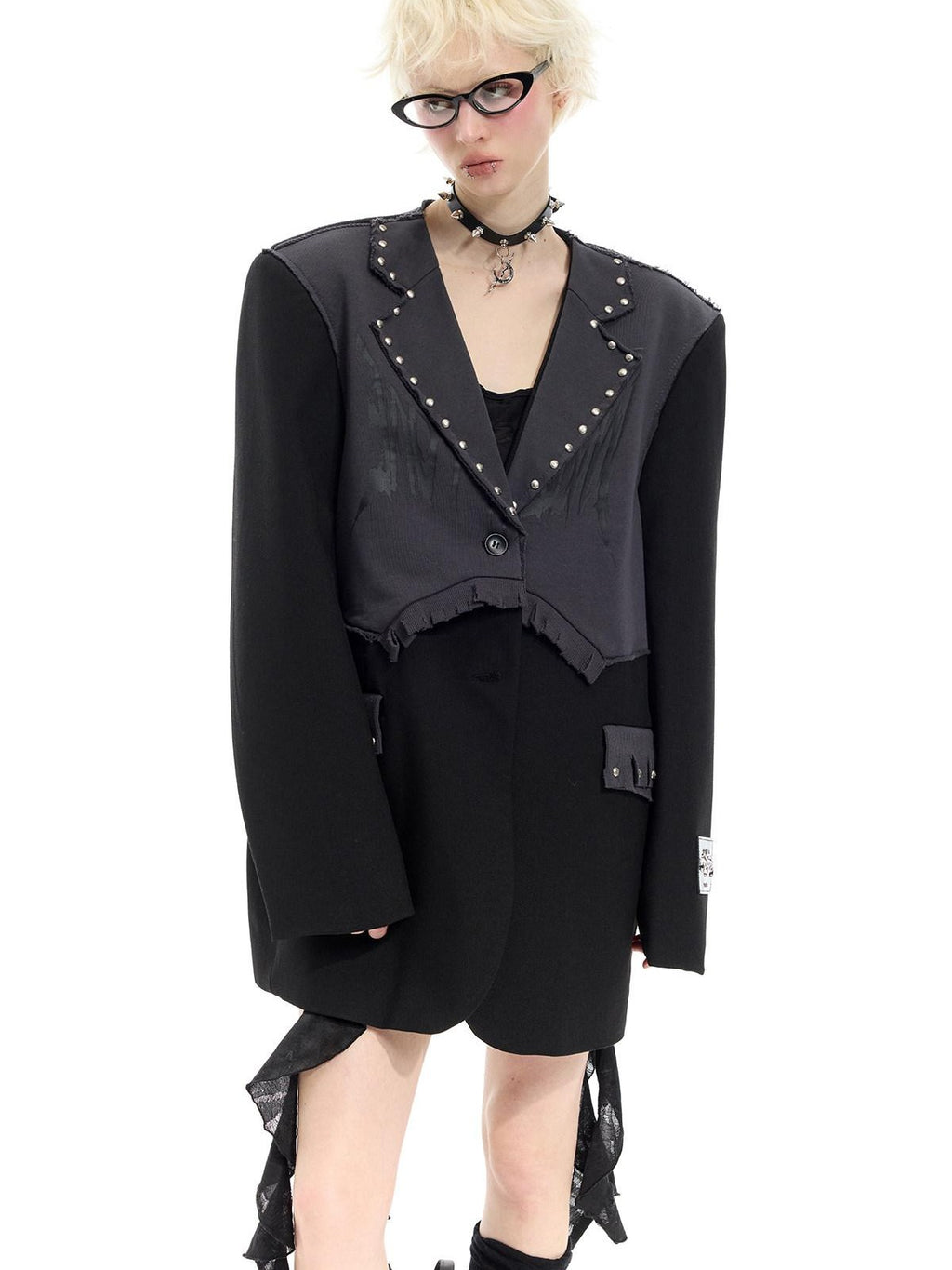 PINKSPINK Black Rivet Studded Distressed Remake Oversized Rock Women's Blazers