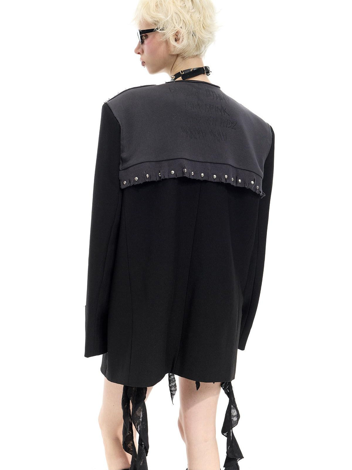 PINKSPINK Black Rivet Studded Distressed Remake Oversized Rock Women's Blazers