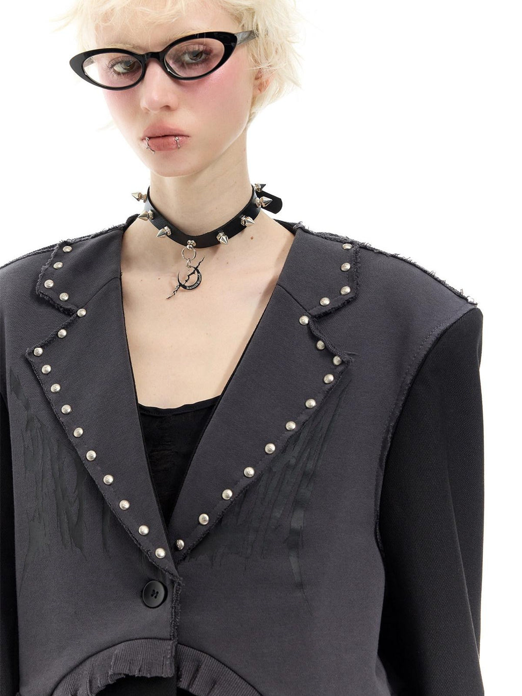 PINKSPINK Black Rivet Studded Distressed Remake Oversized Rock Women's Blazers