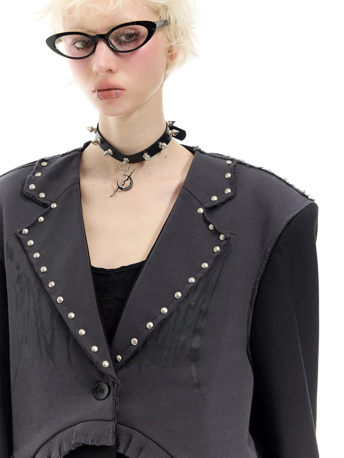 PINKSPINK Black Rivet Studded Distressed Remake Oversized Rock Women's Blazers