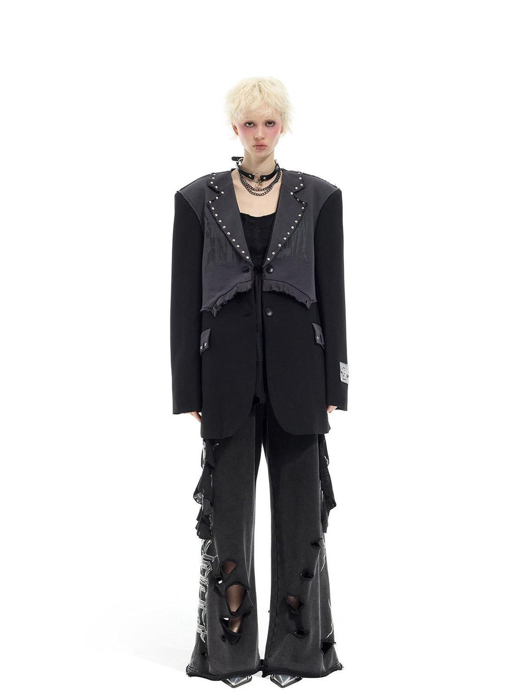 PINKSPINK Black Rivet Studded Distressed Remake Oversized Rock Women's Blazers