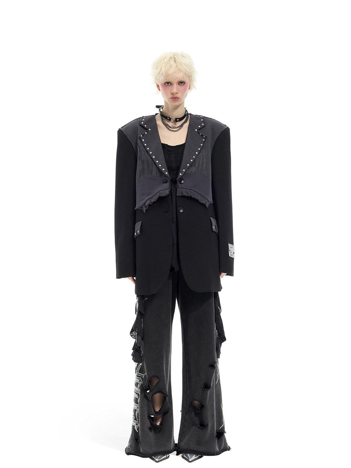 PINKSPINK Black Rivet Studded Distressed Remake Oversized Rock Women's Blazers
