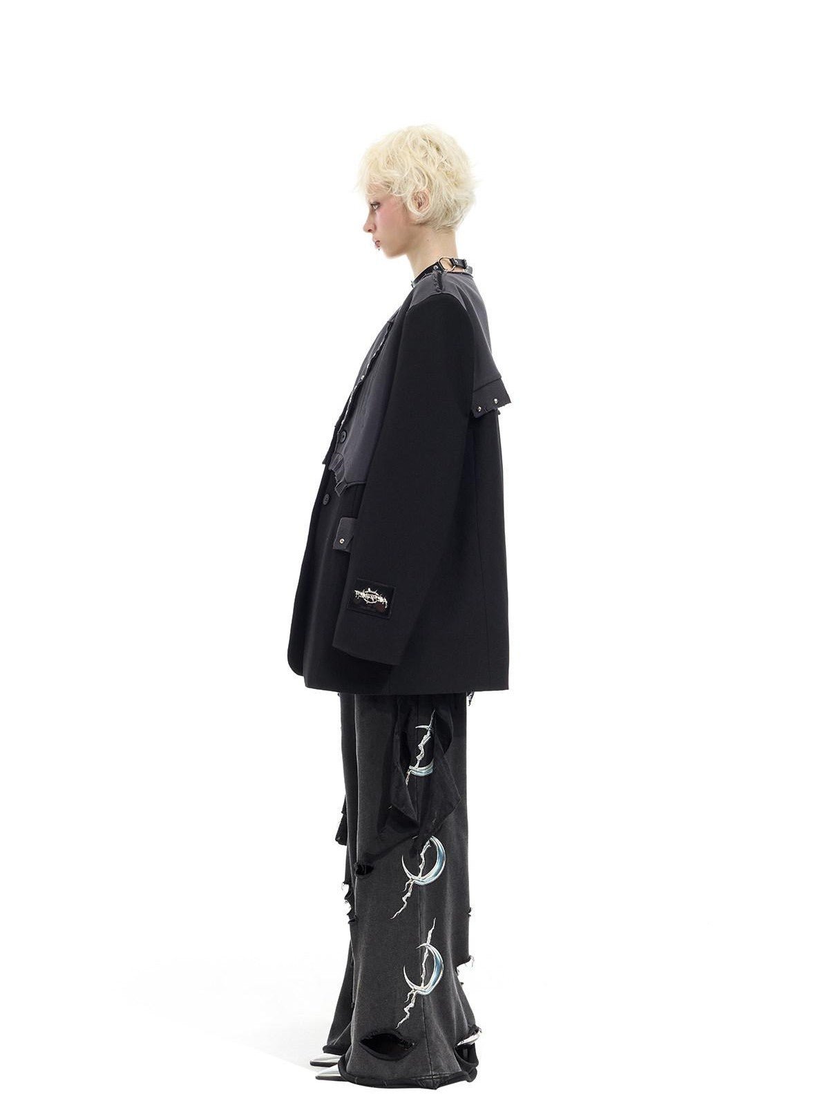 PINKSPINK Black Rivet Studded Distressed Remake Oversized Rock Women's Blazers