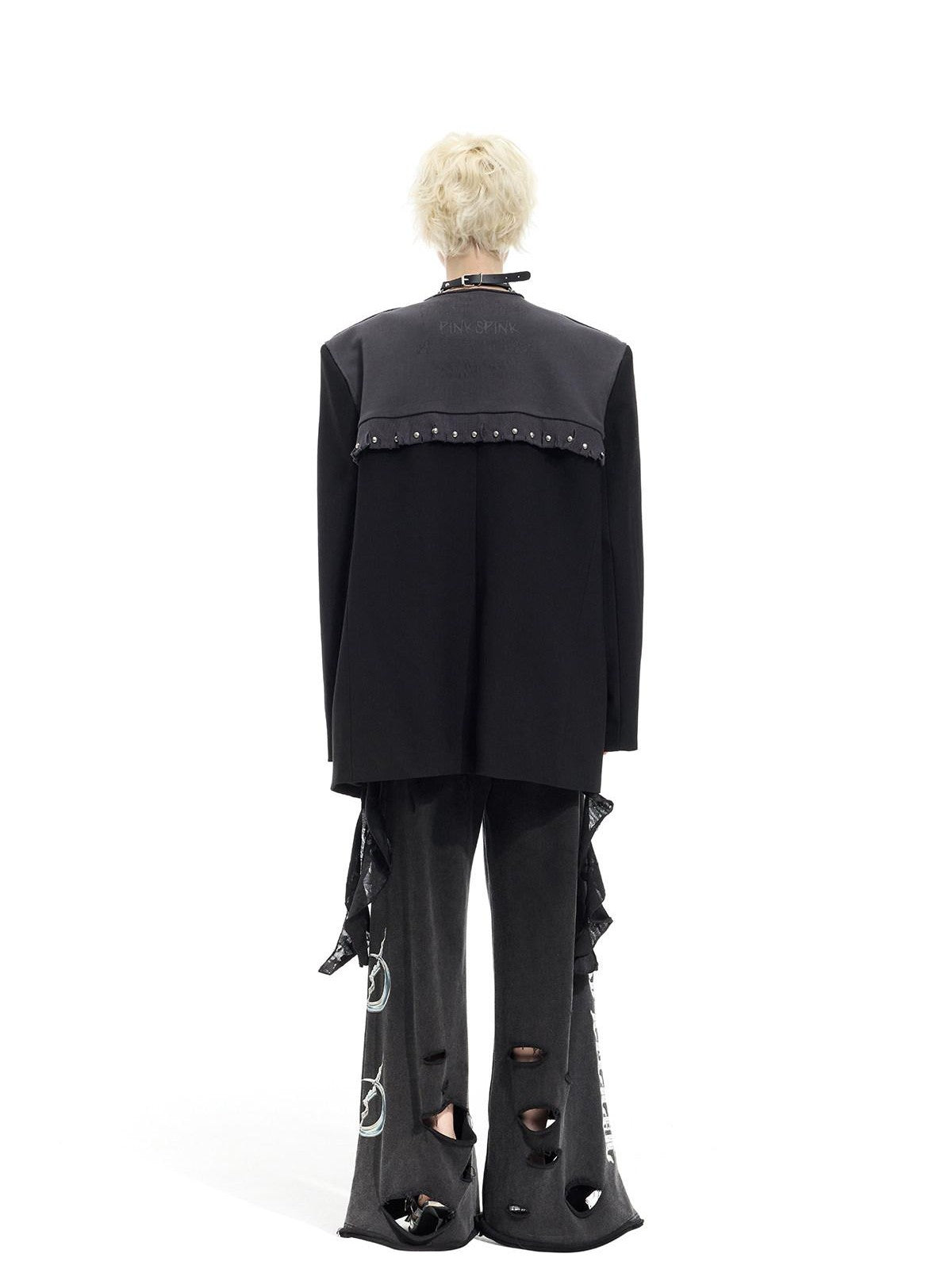 PINKSPINK Black Rivet Studded Distressed Remake Oversized Rock Women's Blazers